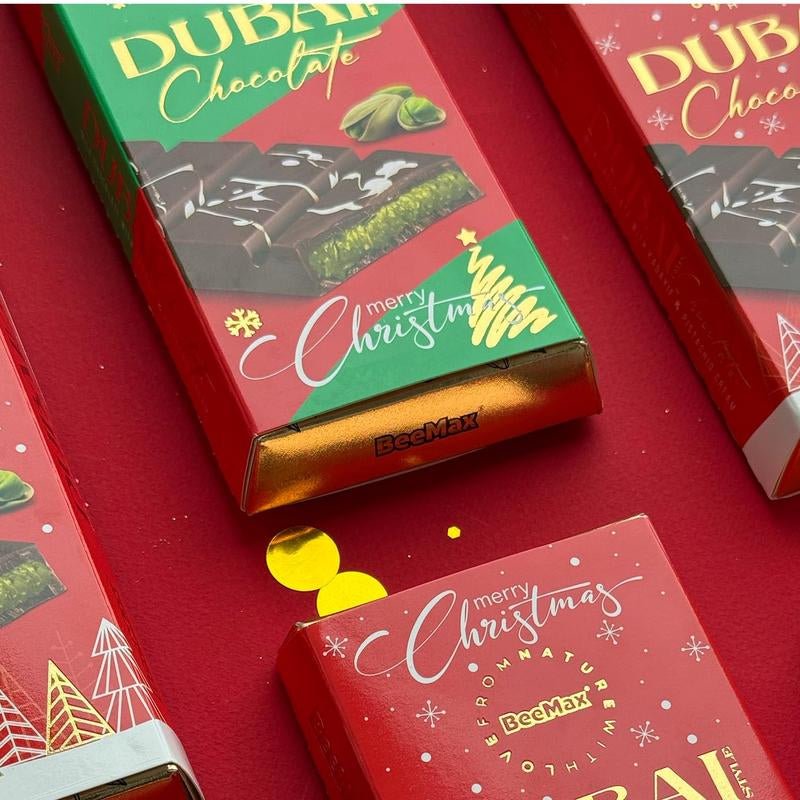 Beemax Limited Edition Christmas Dubai - Style Mini Chocolate Bar – 3 Oz of Luxurious Middle Eastern Indulgence | Premium Milk Chocolate with Golden Kadayif, Velvety Tahini & Hand - Harvested Pistachios | Holiday Gift Edition - Raggs 2 Riches