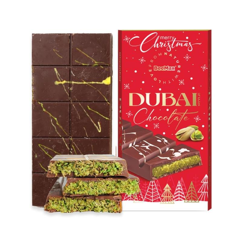 Beemax Limited Edition Christmas Dubai - Style Mini Chocolate Bar – 3 Oz of Luxurious Middle Eastern Indulgence | Premium Milk Chocolate with Golden Kadayif, Velvety Tahini & Hand - Harvested Pistachios | Holiday Gift Edition - Raggs 2 Riches