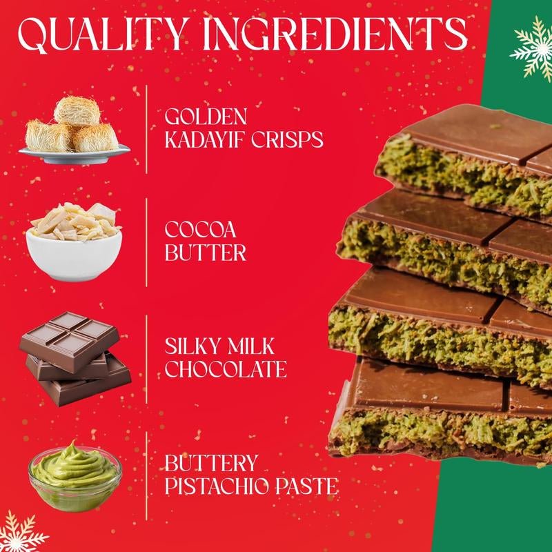 Beemax Limited Edition Christmas Dubai - Style Mini Chocolate Bar – 3 Oz of Luxurious Middle Eastern Indulgence | Premium Milk Chocolate with Golden Kadayif, Velvety Tahini & Hand - Harvested Pistachios | Holiday Gift Edition - Raggs 2 Riches