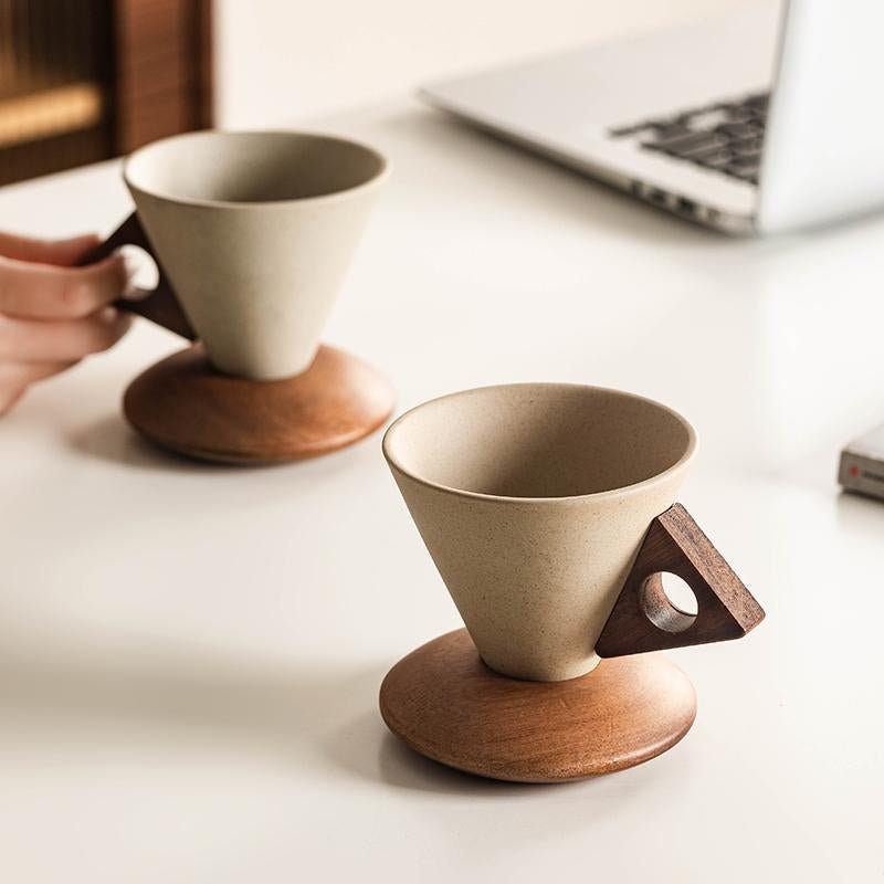 CEEFU Modern Conical Coffee Cup Set 8.45Oz Ceramic & Wooden Triangular Design Mug - Raggs 2 Riches
