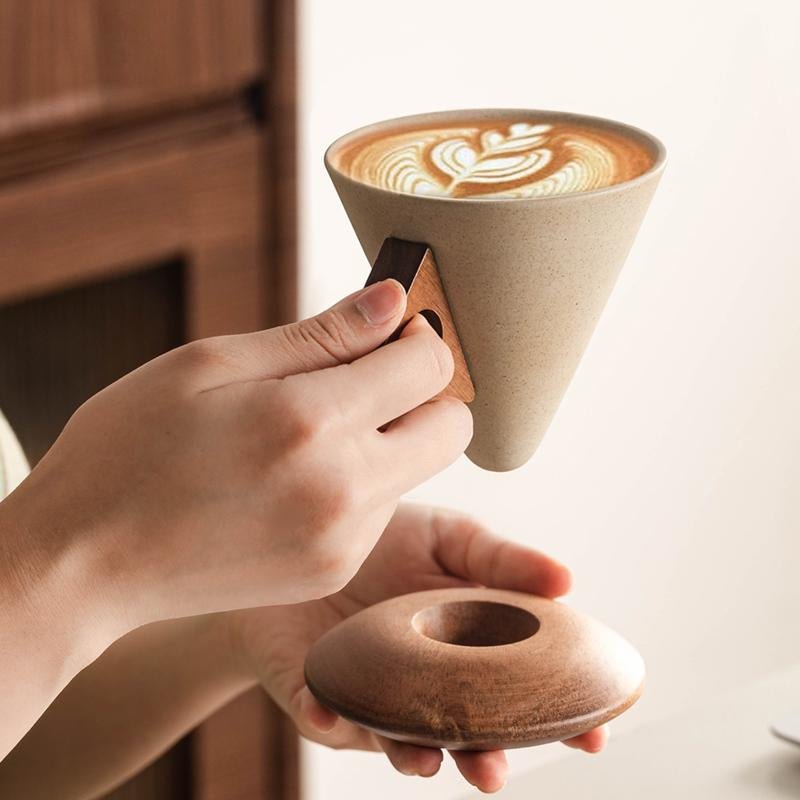 CEEFU Modern Conical Coffee Cup Set 8.45Oz Ceramic & Wooden Triangular Design Mug - Raggs 2 Riches