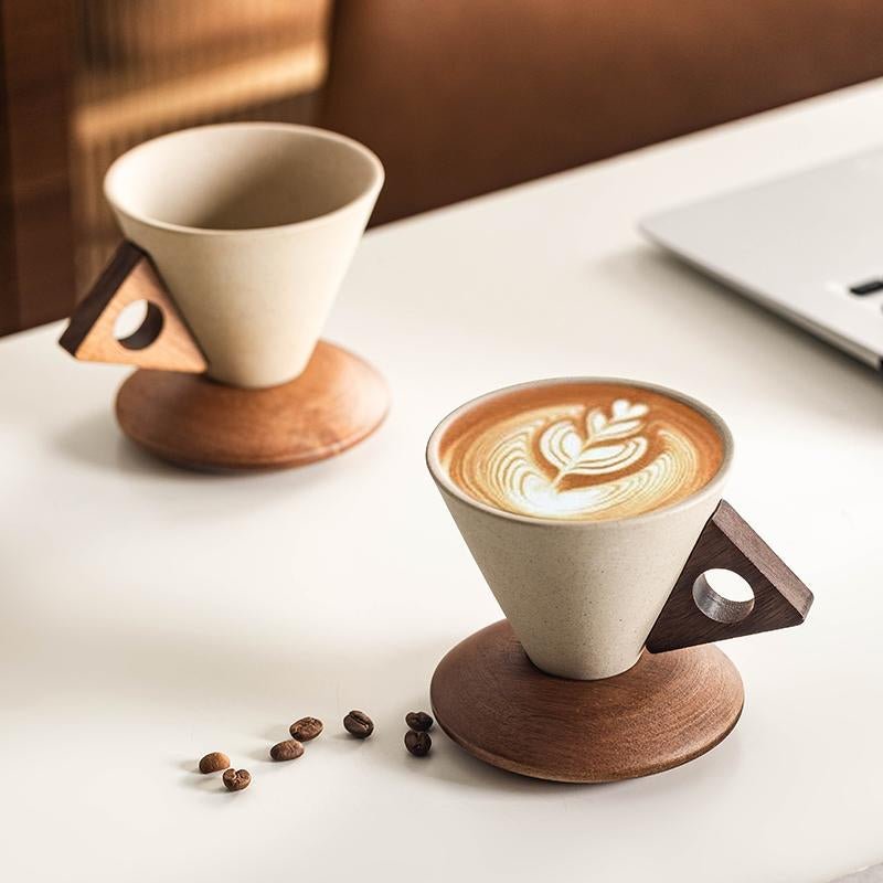 CEEFU Modern Conical Coffee Cup Set 8.45Oz Ceramic & Wooden Triangular Design Mug - Raggs 2 Riches