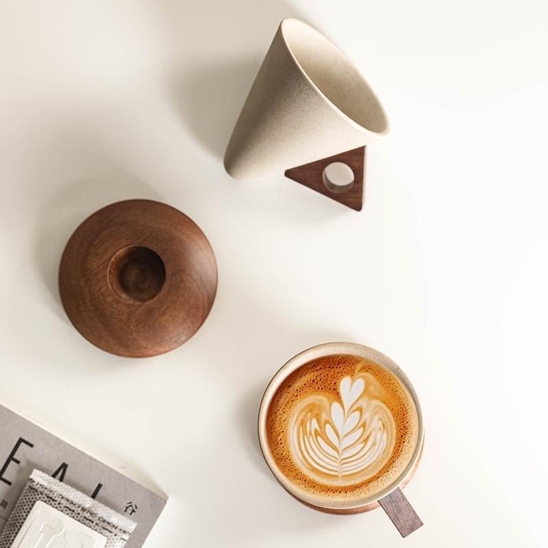 CEEFU Modern Conical Coffee Cup Set 8.45Oz Ceramic & Wooden Triangular Design Mug - Raggs 2 Riches