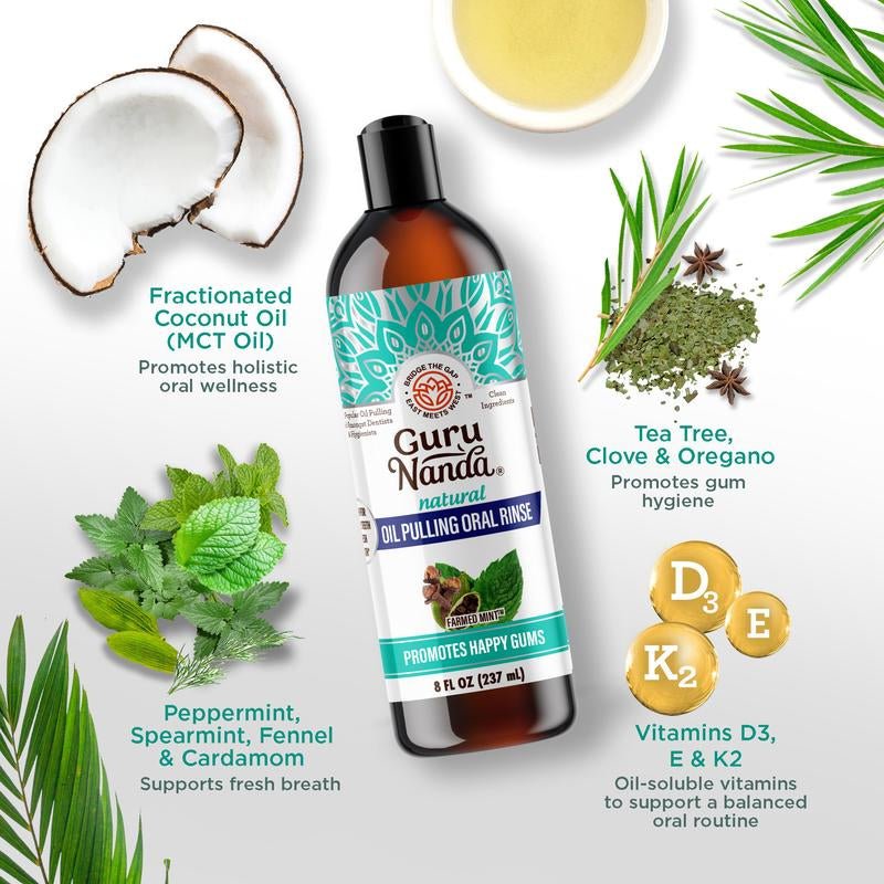 Gurunanda Cocomint Pulling Oil with 7 Essential Oils & Vitamins D, E & K2 - 8 Oz - Raggs 2 Riches