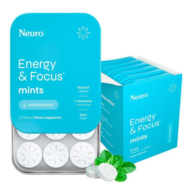 Neuro Energy Caffeine Gum/Mints for Energy & Focus - Sugar - Free with L Theanine, Caffeine, Vitamin B12 & Vitamin B6 - Peppermint Flavor - Raggs 2 Riches